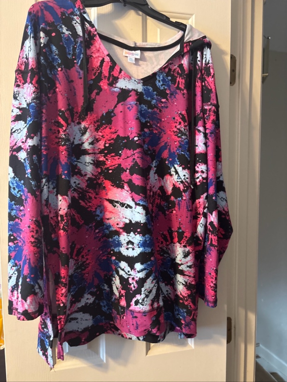 LuLaRoe Tie Dye Pink, Black And Blue Eliza Hooded Sweatshirt Size 2XL